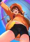  1girl :d akisa_(12023648) bangs bike_shorts black_gloves black_shorts brown_eyes brown_hair eyebrows_visible_through_hair gloves guilty_gear guilty_gear_strive hat jacket long_hair may_(guilty_gear) navel open_mouth orange_headwear orange_jacket outstretched_arm shorts smile thighs twitter_username 