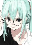  1girl absurdres adjusting_eyewear aqua_eyes aqua_hair bespectacled black_nails black_shirt close-up collarbone commentary fingernails glasses hatsune_miku highres lips long_fingernails long_hair looking_at_viewer nail_polish parted_lips pocche-ex portrait round_eyewear shirt smile solo symbol-only_commentary twintails two-tone_shirt vocaloid white_background white_shirt 