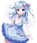  1girl :d bangs blue_bow blue_dress blue_eyes blue_hair blush bow butterfly_hair_ornament dress eyebrows_visible_through_hair feet_out_of_frame gradient_hair hair_ornament hair_ribbon indie_virtual_youtuber long_hair long_sleeves looking_at_viewer mauve multicolored_hair open_mouth puffy_long_sleeves puffy_sleeves purple_hair purple_ribbon ribbon rurino_nemo simple_background smile solo two_side_up very_long_hair virtual_youtuber white_background white_wings wings 