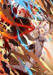  2girls absurdres aqua_eyes arms_up bangs commentary detached_sleeves earrings english_commentary fire greatsword hair_between_eyes hair_ornament highres holding holding_sword holding_weapon honkai_(series) honkai_impact_3rd jewelry kiana_kaslana kiana_kaslana_(herrscher_of_flamescion) lifting long_hair looking_at_another looking_away looking_back multiple_girls murata_himeko murata_himeko_(vermillion_knight) mush_(mushlicious) ponytail red_hair sidelocks smile sword weapon white_hair white_legwear yellow_eyes 