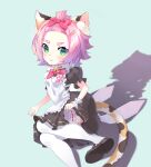  1girl absurdres alternate_costume animal_ear_fluff animal_ears apron bell blush cat_ears cat_tail diona_(genshin_impact) eyelashes genshin_impact green_eyes hair_ornament hair_ribbon hairclip highres kki_(user_ygju8557) looking_at_viewer maid maid_apron neck_bell pink_hair red_ribbon ribbon simple_background smile tail thick_eyebrows thighhighs tied_hair white_legwear 