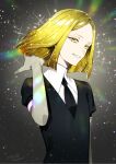  1other androgynous blonde_hair commentary_request crystal_hair elbow_gloves gem_uniform_(houseki_no_kuni) gloves highres houseki_no_kuni kurono_yuu looking_at_viewer necktie short_hair short_sleeves smile sparkle yellow_diamond_(houseki_no_kuni) yellow_eyes 
