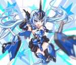  1girl bangs blue_eyes chibi dated eyebrows_visible_through_hair floating_hair frame_arms_girl heirou_enterprise highres holding holding_weapon long_hair mecha_musume science_fiction sheath solo stylet thighhighs twintails unsheathing v-shaped_eyebrows weapon 