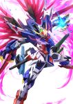  absurdres claws destiny_gundam energy_wings fusion glowing glowing_eye glowing_weapon gundam gundam_barbatos gundam_barbatos_lupus_rex gundam_seed gundam_seed_destiny gundam_tekketsu_no_orphans highres kenko_(a143016) mecha mechanical_wings mobile_suit no_humans open_hand redesign science_fiction solo v-fin weapon wings yellow_eyes 