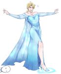  1boy :d absurdres blonde_hair blue_dress blush cosplay covered_navel crossdressing dio_brando dress elsa_(frozen) elsa_(frozen)_(cosplay) frozen_(disney) full_body high_heels highres jojo_no_kimyou_na_bouken long_hair looking_at_viewer male_focus open_mouth outstretched_arms red_eyes roxasaurusxiii side_slit simple_background smile solo_focus white_background x_x 