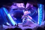  cave_interior commentary diancie full_body gen_6_pokemon highres likey looking_up mythical_pokemon no_humans outstretched_arms pokemon pokemon_(creature) purple_eyes stalactite stalagmite 