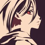  1girl black_hair bob_cut expressionless eyelashes face high_contrast looking_at_viewer looking_to_the_side monochrome moshimoshibe original portrait red_eyes short_hair solo spot_color texture 