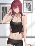  1girl breasts expressionless fate/grand_order fate_(series) hand_in_hair indoors jewelry long_hair looking_at_viewer medium_breasts midriff navel necklace picture_frame purple_hair red_eyes rifu_(643763873) scathach_(fate) scathach_(fate)_(all) shirt short_shorts shorts solo strap tied_shirt very_long_hair 