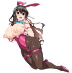  1girl alternate_costume animal_ears bangs black_hair blush bow bowtie breast_grab breast_squeeze breasts breasts_outside deep_skin detached_collar eyebrows_visible_through_hair fake_animal_ears grabbing hair_ribbon hairband high_heels highleg highleg_leotard highres huge_breasts kantai_collection leotard long_hair looking_at_viewer multicolored_hair naganami_(kancolle) nipples open_mouth pantyhose pink_hair playboy_bunny puffy_nipples rabbit_ears ribbon simple_background skindentation smile solo strapless strapless_leotard sweat thigh_strap two-tone_hair wavy_hair white_background white_hairband wrist_cuffs yellow_eyes yoshi_tama 