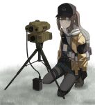  1girl a_iri_a backpack bag brown_hair commentary_request commission dier_(girls&#039;_frontline) dima_(girls&#039;_frontline) expressionless eyebrows_visible_through_hair full_body genderswap genderswap_(mtf) girls&#039;_frontline gloves grey_eyes hair_between_eyes hat kneeling long_sleeves looking_at_viewer pantyhose ponytail skeb_commission solo tom_clancy&#039;s_the_division 