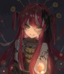  1girl black_nails bow dark ememo grin hair_bow hair_ornament hairpin heterochromia highres hololive hololive_indonesia kureiji_ollie lantern light long_hair official_alternate_costume red_hair smile stitches symbol-shaped_pupils virtual_youtuber 