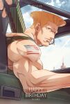  1boy american_flag bare_shoulders blonde_hair cigarette driving green_tank_top guile happy_birthday looking_at_viewer male_focus mature_male muscular muscular_male short_hair shoulder_tattoo sideburns sky smile smoking solo street_fighter tank_top tattoo upper_body yuiofire 