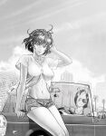  2girls breasts closed_mouth commentary day driving english_commentary eyewear_on_head fingernails fubuki_(one-punch_man) greyscale hand_up highleg highleg_panties highres large_breasts leaning_back looking_at_viewer monochrome multiple_girls navel one-punch_man outdoors panties sansetsukon_no_lily see-through_silhouette shirt short_hair short_shorts short_sleeves shorts smile stomach sunglasses toned toothpick underwear y_naf 