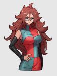  1girl android_21 blue_eyes breasts checkered checkered_dress closed_mouth dragon_ball dragon_ball_fighterz dress earrings glasses grey_background hair_between_eyes hand_on_hip hoop_earrings jewelry kemachiku long_hair looking_at_viewer medium_breasts red_eyes red_hair simple_background solo 