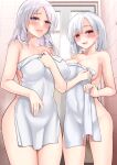  2girls :d blue_eyes breasts cleavage commentary_request covered_navel cup grin heart heart-shaped_pupils ikura_nagisa long_hair mole mole_under_mouth mother_and_daughter multiple_girls open_mouth original purple_eyes short_hair silver_hair smile symbol-shaped_pupils thighhighs tongue tongue_out yandere 