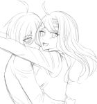  1boy 1girl :d ahoge akamatsu_kaede bangs blush breasts commentary_request danganronpa_(series) danganronpa_v3:_killing_harmony eyebrows_visible_through_hair from_side greyscale hair_ornament hetero hug large_breasts lineart long_hair long_sleeves looking_at_another looking_at_viewer monochrome musical_note_hair_ornament open_mouth saihara_shuuichi simple_background sketch smile upper_body vest white_background xuni_guodu_(calrxaqp) 