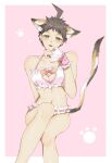  1girl ahoge animal_ears arm_behind_back bangs blush breasts brown_eyes brown_hair cat_ears cat_girl cat_tail cleavage cleavage_cutout clothing_cutout collarbone commentary_request danganronpa_(series) danganronpa_2:_goodbye_despair feet_out_of_frame foreshortening gender_request genderswap genderswap_(mtf) green_eyes grey_background hand_up highres hinata_hajime invisible_chair kemonomimi_mode looking_at_viewer medium_breasts navel paw_print shiny shiny_skin short_hair sitting smile solo stomach tail tongue tongue_out underwear wrist_cuffs xuni_guodu_(calrxaqp) 