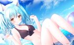  animal_ears aqua_hair ball bikini brown_eyes clouds long_hair murano navel original sky swimsuit tail twintails waifu2x water 