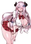  1girl :d absurdres areola_slip areolae blue_eyes blush bow bowtie bracelet braid breasts cleavage covered_nipples gggg granblue_fantasy gyaru hair_over_one_eye highres horns jewelry long_hair looking_at_viewer midriff narmaya_(granblue_fantasy) navel no_bra open_mouth pleated_skirt pointy_ears purple_hair school_uniform simple_background skirt smile solo sweat white_background 