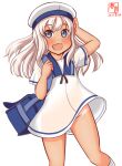  1girl bag blue_sailor_collar cosplay dress hat hiburi_(kancolle) hiburi_(kancolle)_(cosplay) kanon_(kurogane_knights) kantai_collection long_hair looking_at_viewer no_panties one-hour_drawing_challenge ro-500_(kancolle) sailor_collar sailor_dress sailor_hat school_bag short_sleeves smile socks solo tan tanlines white_dress white_headwear white_legwear 