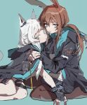  2girls amiya_(arknights) animal_ears arknights ascot bangs blue_eyes brown_hair cat_ears cat_girl commentary fingerless_gloves gloves green_eyes hands_on_another&#039;s_shoulders highres hood hood_down hooded_jacket infection_monitor_(arknights) jacket jewelry long_hair low_ponytail multiple_girls na_tarapisu153 ponytail rabbit_ears rabbit_girl ring rosmontis_(arknights) silver_hair thigh_strap 