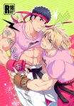  2boys abs bara blush clothes_lift comiket_85 couple cover cover_page covered_nipples doujin_cover headband ken_masters looking_at_viewer male_focus midriff multiple_boys muscular muscular_male navel pants pectorals pink_pants pink_shirt ryu_(street_fighter) shirt shirt_lift short_hair sideburns stomach street_fighter thighs torn_clothes torn_shirt white_pants xxxxchild yaoi 