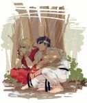  2boys bare_shoulders barefoot couple dougi forest full_body hands_on_own_face ken_masters male_focus multiple_boys muscular muscular_male nature pants red_pants ryu_(street_fighter) shirt short_hair sideburns sleeveless squatting street_fighter torn_clothes torn_shirt tree yuiofire 