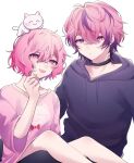  1boy 1girl bangs black_hoodie breasts cat collar couple highres hood hoodie kanata_(nattomaki) long_sleeves looking_at_viewer niconico nqrse open_mouth pink_eyes pink_hair shirt short_hair smile t-shirt utaite_(singer) white_background 