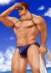  1boy abs alternate_costume armpit_hair armpit_peek bara bare_pectorals beach blue_male_swimwear boku_no_hero_academia bulge chest_hair chest_harness endeavor_(boku_no_hero_academia) facial_hair feet_out_of_frame flame_print hand_on_own_face harness highres large_pectorals leather leg_hair male_focus mature_male muscular muscular_male navel_hair nipples pain-lucky777 pectorals print_male_swimwear scar scar_across_eye short_hair sideburns sky solo spiked_hair stomach stubble summer sun sunlight sweat thick_thighs thighs water 