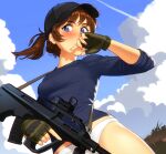  1girl assault_rifle baseball_cap black_headwear blue_eyes blue_sweater blush breasts brooke_(mathias_leth) brown_hair bullpup cropped english_commentary fingerless_gloves folded_ponytail freckles gloves green_gloves gun hat holding holding_gun holding_weapon mathias_leth medium_hair no_pants original outdoors panties reward_available rifle short_ponytail sleeves_pushed_up small_breasts solo steyr_aug sweater trigger_discipline underwear updo weapon white_panties 