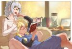  2girls bean_bag_chair between_breasts black-framed_eyewear blonde_hair blue_kimono blurry blurry_background book border bra_strap breasts character_doll checkered_hairband chestnut_mouth collarbone crossed_legs dark-skinned_female dark_elf dark_skin elf feeding food fruit glasses green_eyes grey_hair hairband hand_in_another&#039;s_hair hand_on_another&#039;s_shoulder head_between_breasts hololive indoors japanese_clothes kimono large_breasts lying_on_person mandarin_orange mano_aloe medium_hair momosuzu_nene multicolored_hair multiple_girls off-shoulder_sweater off_shoulder open_book open_mouth orange_hair pointy_ears rat_huang reading reclining red-framed_eyewear semi-rimless_eyewear shiranui_flare shirogane_noel streaked_hair sweater under-rim_eyewear virtual_youtuber white_border yukata yuri 