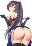  1girl ass bangs bare_shoulders black_bra black_garter_belt black_garter_straps black_gloves black_hair black_legwear black_panties blue_skirt bra breasts clothes_lift earrings elbow_gloves floral_print garter_belt garter_straps gloves highres idolmaster idolmaster_shiny_colors jewelry long_hair looking_at_viewer looking_back medium_breasts panties ponytail shirase_sakuya shougun_(chuckni1) sideboob simple_background skirt skirt_lift solo strap_pull thighhighs thong underwear white_background yellow_eyes 