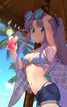  1girl absurdres armpits bikini blue_eyes blue_hair capelet cup eyewear_on_head fate/grand_order fate_(series) highres holding holding_cup long_hair looking_at_viewer medea_(lily)_(fate) nanao_(aoyamahikari) palm_tree pointy_ears ponytail see-through shorts solo sunglasses swimsuit tree 