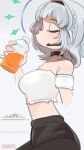  1girl arm_strap black_hairband black_legwear bottle breasts from_side hairband headset highres holding holding_bottle kamishiro_rita leggings medium_breasts onionsketch prism_project puckered_lips shirt short_hair silver_hair solo strapless tubetop virtual_youtuber white_shirt white_tubetop 