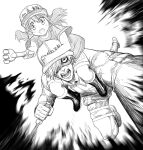  1boy 1girl boots carrying child commentary crazy_eyes dagger english_commentary greyscale hair_over_one_eye hat hat_writing hataraku_saibou holding holding_dagger holding_weapon incoming_attack jacket knife looking_at_viewer monochrome one_eye_covered open_mouth platelet_(hataraku_saibou) reverse_grip shirt short_sleeves shorts shoulder_carry u-1146 upper_teeth weapon white_blood_cell_(hataraku_saibou) wide-eyed y_naf 