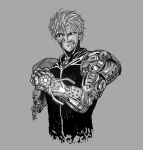  1boy android artificial_eye broken_arm genos grey_background greyscale looking_at_viewer male_focus mechanical_eye mechanical_parts monochrome one-punch_man short_hair simple_background solo upper_body vest y_naf 