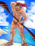  1boy abs alternate_costume arm_behind_head bara bare_pectorals beach betweeneyeblow blue_eyes brown_hair bulge cross_scar facial_hair fate/grand_order fate_(series) full_body goatee goggles goggles_around_neck grin highres large_pectorals long_sideburns male_focus male_swimwear mature_male muscular muscular_male napoleon_bonaparte_(fate) navel nipples paddle pectorals red_male_swimwear sand sandals scar scar_on_chest short_hair sideburns smile solo standing stomach summer sunlight swim_briefs thick_thighs thighs 