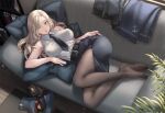  anthropomorphism blonde_hair book couch hornet_(kancolle) kantai_collection long_hair rokuwata_tomoe skirt tie 