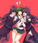 !? 3girls ahoge antenna_hair bangs black_legwear black_shirt breasts commentary_request danganronpa_(series) danganronpa_another_episode:_ultra_despair_girls dual_persona eyebrows_visible_through_hair feet_out_of_frame fukawa_touko genocider_shou girl_sandwich glasses green_eyes green_skirt hair_ornament hand_up hands_up large_breasts long_hair long_sleeves long_tongue miniskirt multiple_girls naegi_komaru neckerchief open_mouth pleated_skirt red_background red_eyes red_neckwear sailor_collar sandwiched shirt short_hair side_slit simple_background skindentation skirt smile sweatdrop thighhighs tongue tongue_out very_long_hair white_sailor_collar white_shirt xuni_guodu_(calrxaqp) 