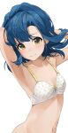  1girl armpits arms_behind_head arms_up bangs bare_arms blue_hair blush bow bow_bra bra collarbone commentary flat_chest highres hiroki_(yyqw7151) idolmaster idolmaster_million_live! looking_at_viewer medium_hair nanao_yuriko navel polka_dot polka_dot_bra simple_background smile solo underwear upper_body white_background white_bra yellow_bow yellow_eyes 