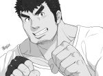  1boy bara facial_hair fighting_stance forked_eyebrows goatee goggles greyscale grin hijirino_yuuta kengo_(tokyo_houkago_summoners) long_sideburns male_focus monochrome muscular muscular_male pectorals shirt short_hair sideburns smile solo stubble t-shirt thick_eyebrows tokyo_houkago_summoners upper_body 