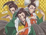 3boys :3 androgynous black_eyes black_hakama blush blush_stickers brown_hair bug butterfly checkered checkered_background closed_mouth commentary_request dated folding_fan grin gyakuten_saiban gyakuten_saiban_6 hair_bun hair_ornament hair_stick hakama hakama_skirt half-closed_eyes hand_fan hand_up hands_up haori happy high_ponytail highres holding holding_fan insect japanese_clothes kimono long_sleeves looking_at_viewer male_focus multicolored multicolored_clothes multicolored_kimono multiple_boys multiple_persona outline senpuutei_bifuu shiny shiny_hair short_hair sidelocks simple_background skirt smile smoke_ring standing teeth tiduco tied_hair upper_body white_outline wide_sleeves yellow_background 