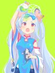  1girl animal_ears blue_archive blush breasts chinese_clothes detached_sleeves fang green_background hair_ribbon halo highres kyuuri_(miyako) long_hair medium_breasts mouse_ears open_mouth rat red_eyes ribbon saya_(blue_archive) silver_hair simple_background solo vial 