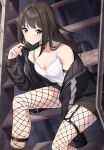  1girl bare_shoulders black_hair black_nails choker collarbone eyebrows_visible_through_hair fishnet_legwear fishnets green_eyes highres idolmaster idolmaster_cinderella_girls jacket leg_strap long_hair mask mouth_mask nail_polish shibuya_rin sitting smile solo stairs tamakaga tank_top thigh_strap 