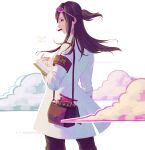  1girl absurdres armband arrow_(symbol) bag bangs book brown_hair brown_pants character_name cloud coat commentary_request eating eyewear_on_head food from_behind gyakuten_saiban gyakuten_saiban_6 hand_up highres holding holding_book houzuki_akane labcoat long_hair long_sleeves open_book open_mouth outline pants pink-framed_eyewear pink-tinted_eyewear ponytail profile romaji_text safety_pin shoulder_bag sidelocks simple_background solo standing sunglasses tabideru tape tied_hair tinted_eyewear translation_request vial white_background white_coat white_outline 