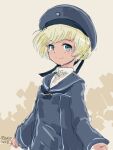  1girl 4suke artist_name black_dress black_headwear black_neckwear black_sailor_collar blonde_hair blue_eyes cowboy_shot dated dress hat highres kantai_collection looking_at_viewer neckerchief one-hour_drawing_challenge sailor_collar sailor_dress sailor_hat short_hair smile solo z1_leberecht_maass_(kancolle) 