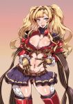  1girl :d absurdres armor bangs blonde_hair blue_eyes braid breasts cameltoe cleavage gauntlets gggg gradient gradient_background granblue_fantasy greaves hairband highres long_hair looking_at_viewer midriff navel navel_piercing open_mouth piercing pleated_skirt skirt smile solo thighhighs tongue tongue_out tongue_piercing twintails zeta_(granblue_fantasy) 