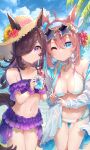  2girls absurdres ahoge animal_ears beach bikini blue_eyes breasts brown_hair cleavage closed_mouth collarbone day drink drinking_straw eyewear_on_head feet_out_of_frame flower frilled_bikini frills hair_between_eyes hair_over_one_eye hat hat_flower hatsuga_(dmaigmai) highres holding holding_drink horse_ears horse_girl horse_tail huge_filesize large_breasts long_hair mihono_bourbon_(umamusume) multicolored multicolored_bikini multicolored_clothes multiple_girls navel ocean one_eye_closed purple_bikini purple_eyes purple_scrunchie red_flower rice_shower_(umamusume) scrunchie smile star-shaped_eyewear sun_hat sunflower sunglasses swimsuit tail umamusume v white_bikini wrist_scrunchie yellow_flower 