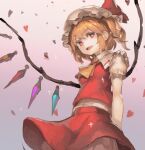  1girl :d absurdres arms_behind_back ascot bangs blonde_hair bloomers breasts bright_pupils commentary_request crystal eyebrows_visible_through_hair fang flandre_scarlet frilled_shirt_collar frills from_below gradient gradient_background grey_background hat hat_ribbon highres looking_at_viewer mob_cap one_side_up open_mouth organ_derwald petals puffy_short_sleeves puffy_sleeves red_eyes red_ribbon red_skirt red_vest ribbon short_sleeves simple_background skirt skirt_set small_breasts smile solo touhou underwear vest white_headwear wings yellow_neckwear 