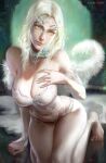  1girl absurdres blush bra breasts dark_souls_(series) dark_souls_i dragon_girl fur green_eyes greyscale highres horns large_breasts long_hair looking_at_viewer monochrome monster_girl panties priscilla_the_crossbreed ragecndy scythe simple_background slit_pupils smile snow solo tail underwear white_hair yellow_eyes 